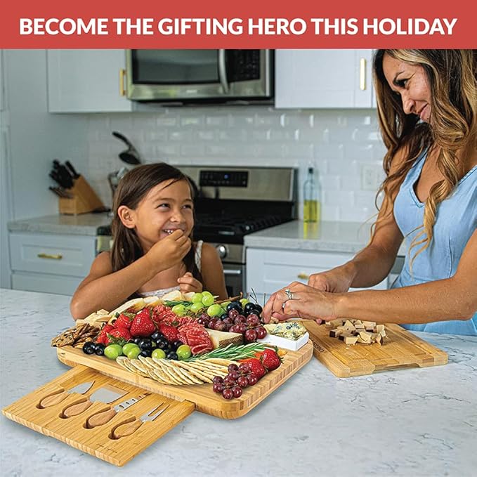 Home Euphoria Large Bamboo Charcuterie Board and Knife Set - Cheese Board with Bowls, Beautiful Gift for Mom