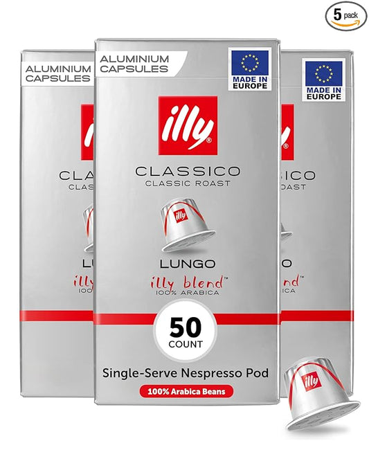 illy Aluminum Espresso Capsules - Compatible with Nespresso Machines - Classico Lungo Roast Coffee - Mild & Balanced - Notes Of Caramel, Orange Blossom & Jasmine - 10 Count (Pack of 5)