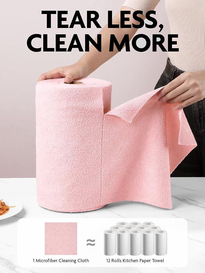 Fantasticlean Microfiber Cleaning Cloth Roll -40 Pack, Tear Away Microfiber Towels, 12" x 12", Reusable, Washable, Scratch Free, Ultra Absorbent Dishcloth for Car, Home Supplies, Pet, Kitchen (Pink)