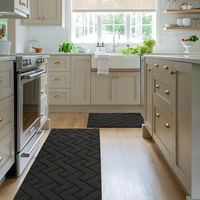 hicorfe Kitchen Rugs and Mats Sets,2 Pieces Super Absorbent Polypropylene Non-Slip Rug,Soft Comfort Floor Mat,Machine Wash for Kitchen,Hallway,Office,Sink,Laundry(20" x 31.5"+20" x 59",Charcoal)