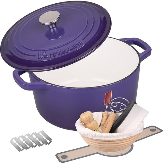 Enameled Cast Iron Dutch Oven Pot with Lid, for Bread Baking, Round Bread Oven- include Sourdough Bread Baking Supplies Set, 6QT, Purple