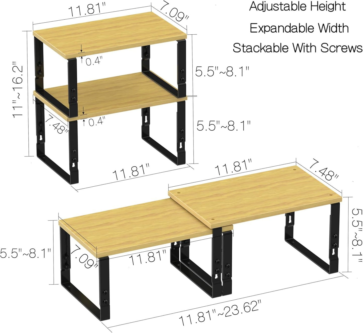 Expandable Kitchen Cabinet Organizer Shelves – Stackable Adjustable Metal and Wood Storage Racks for Countertop, Pantry, Garage Set of 2 Spice Rack – Easy Assembly, Space-Saving(1 Pack/Medium/Black)