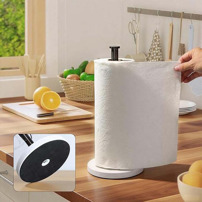 YIGII Heavy Marble Base Paper Towel Holder – Countertop Paper Roll Holder for Kitchen or Bathroom, Non-Slip Weighted Design, Fits Standard Paper Towels, White Marble & Gunmetal Black
