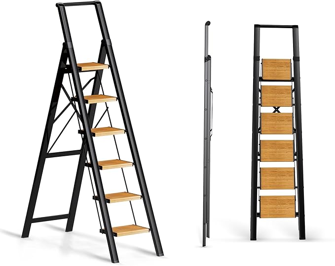 6 Step Ladder for 12 Ft High Ceiling, Folding Step Stool with Handgrip & Anti-Slip Wide Pedal, Portable Aluminum Stepladder for Kitchen, Home (300 lbs Capacity) - Black+Wood Grain