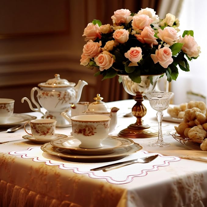 12 Set Linen Placemat 13x19 Wavy Embroidery Scalloped Placemat Double Layered Washable Farmhouse Dinner Table Mat Fabric Napkin for Christmas Hotel Restaurant Wedding Party(Pink)