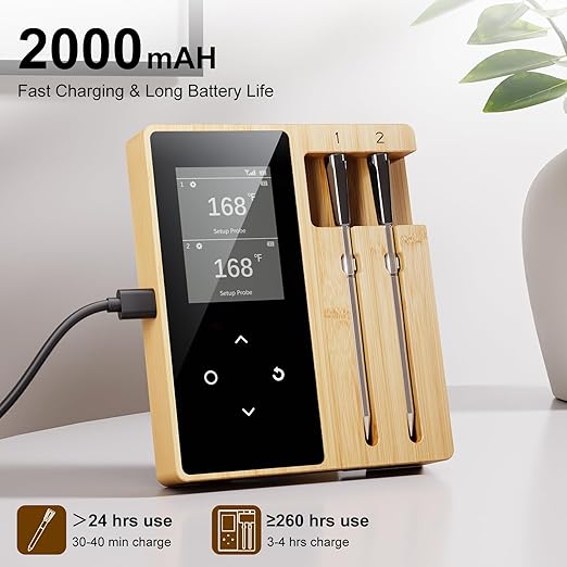 Wireless Meat Thermometer Digital with 2 Probes, Long Range Bluetooth Food Thermometer with Smart APP Alerts for Cooking, Grill, AirFryer, Perfect for BBQ Chicken Turkey