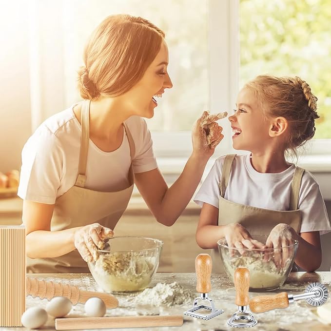 7 Pcs Wooden Pasta Maker Set, Gnocchi Board, Ravioli Stamp, Rolling Pin Kit with Pasta Cutter Wheel Tools for Homemade Gnocchi, Ravioli, Lasagna, Pierogi