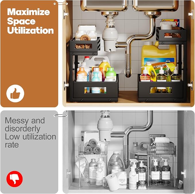 2-Pack Under Sink Organizer and Storage,2-Tier L Shape Pull Out Cabinet Organizer With Round Tube Slide Rails,Hight Adjustable Slide Out Drawers for Kitchen&Bathroom,Multi-Purpose Shelf-Black