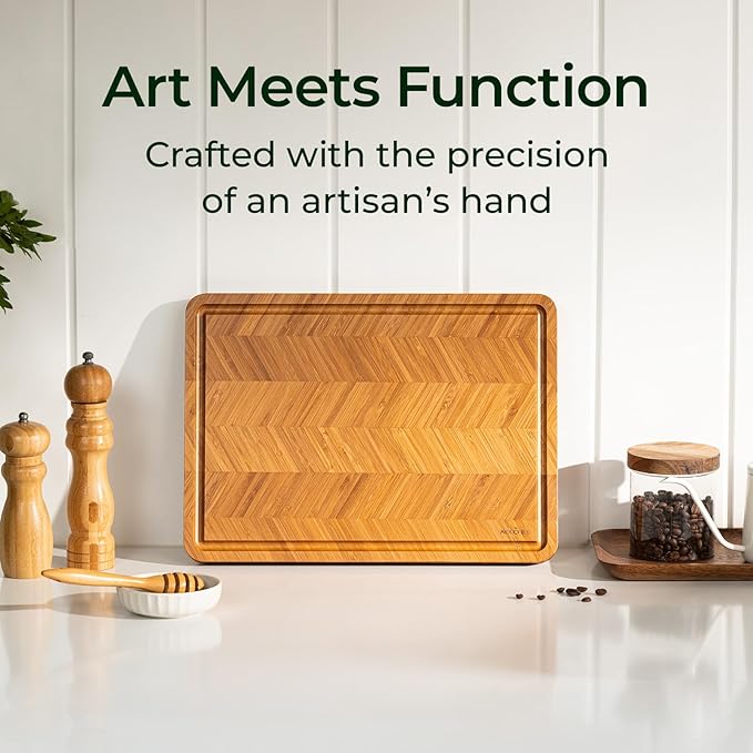 Atelier Collection Bamboo Cutting Board, Reversible Boards for Kitchen with Deep Juice Grooves and Handles, Large Wood Chopping Board for Cooking and Serving, Handcrafted Luxury Cutting Board