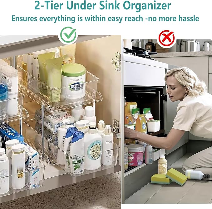 Clear Under Sink Organizers, Pull Out Cabinet Organizer,2 Tier Bathroom Storage Organizer,Cabinet Drawers Organization Bins with Track for Kitchen,Pantry,Fridge,Vanity