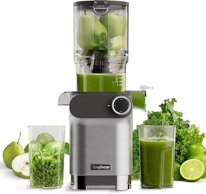 Anybear Slow Juicer, 200W Cold Press Juicer 4.3" Large Feed Chute Fit Whole Fruits Vegetables | Heavy-Duty Auger | Tritan Material | BPA Free | Juice Recipes (Silver Gray)