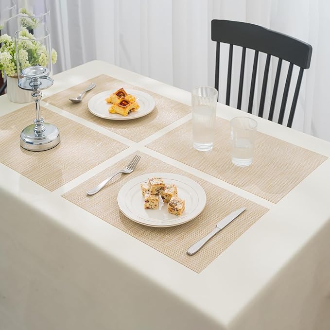 BACKTOEDEN Placemats Set of 8 Heat Resistant Washable Wipeable Placemat Woven Non-Slip Foldable Vinyl/Plastic Place Mats Indoor/Outdoor Mat Kitchen Dining Table Pad, Beige Silver Line
