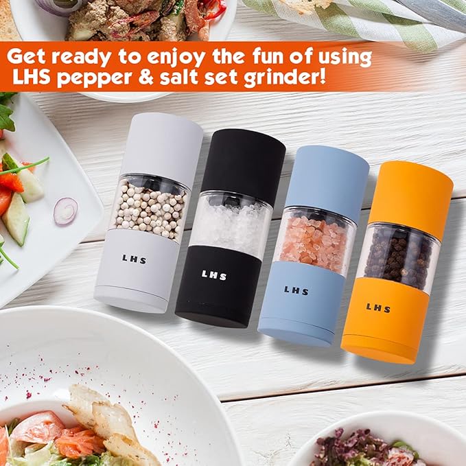 LHS Premium Salt and Pepper Grinder Set, Stainless Steel Salt Pepper Shakers Set, Refillable Peppercorn Grinder and Sea Salt Mill with Adjustable Coarseness for Kitchen Use - 4.6 Inches(Set of 4)