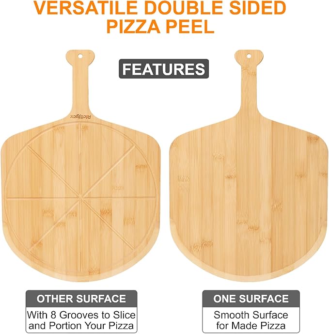 12 inch Bamboo Pizza Peel with 8 Slice Grooves, Double-Sided Use Pizza Cutting Board for Pizza, Bread, Cheese, Vegetable, Fruits (1 PCS)