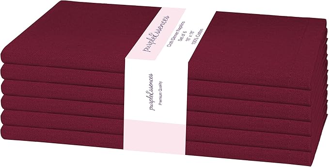PurpleEssences Set of 6 Cloth Dinner Napkins 100% Cotton 18x18 Inch - Soft Durable Washable - Ideal for Farmhouse Party Christmas Holiday Winter - Perfect Everyday Use Table Linen - Burgundy