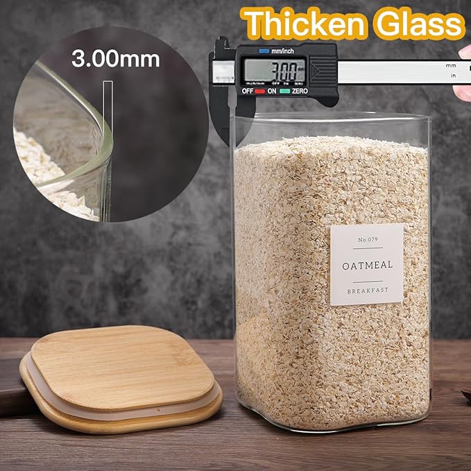 Glass Pantry Storage Containers with 132 Kitchen Pantry Labels, 138/50 oz Large Square Flour and Sugar Containers with Airtight Lids, Gallon Glass Jars with Bamboo Lids for Rice, Pasta, Cookies, grain