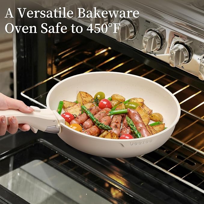 JEETEE Nonstick Pots and Pans Set with Removable/Detackable Handle (Beige, 19 pcs)