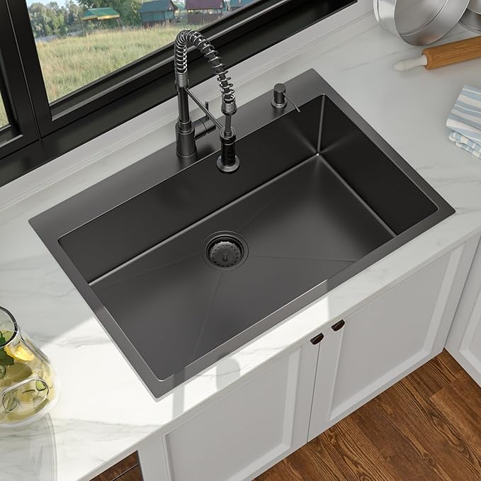 33 x 22 Drop In Kitchen Sink - Funmier 33 Inch Gunmetal Black Stainless Steel Topmount Kitchen Sink Single Bowl 16 Gauge Handmade 10" Deep Basin