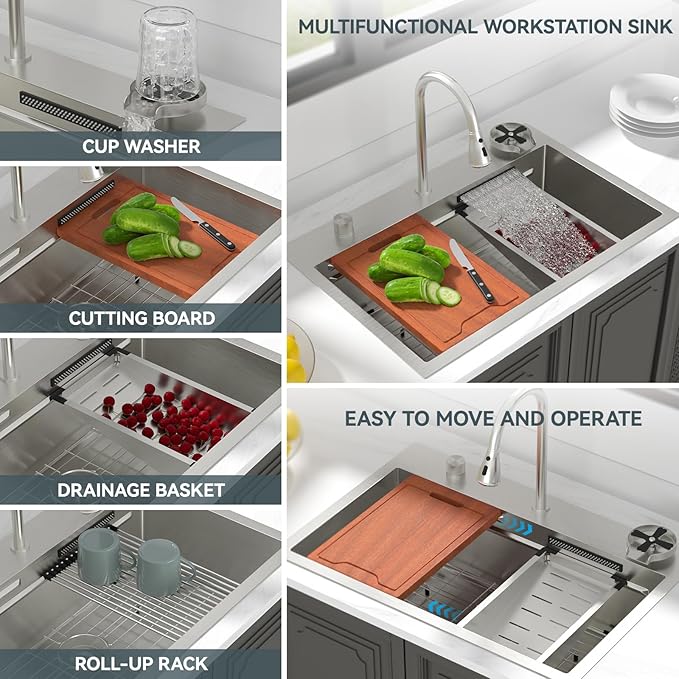 Lordear 33 Watefall Kitchen Sink 33x22 Drop In Kitchen Sink Stainless Steel 16 Gauge Single Bowl Multifunctional Workstation Sinks with Built-in Accessories,Split Faucet Style