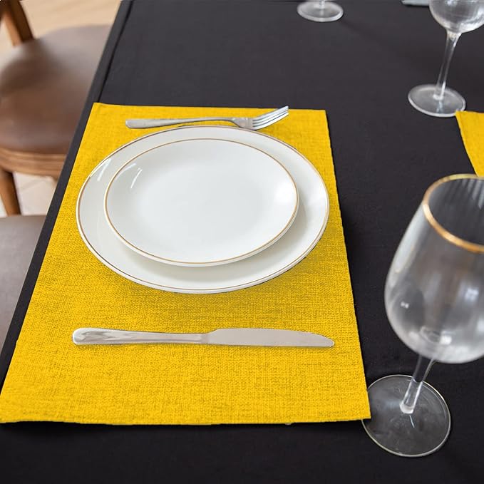Linen Type Fabric Placemats Set of 8, Machine Washable, Heat Resistant, Wrinkle Free Thick Polyester Kitchen Place Mats for Dining Table (Yellow)
