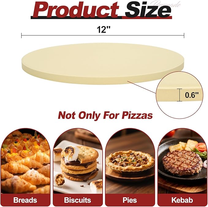 Round Pizza Stone for Grill and Oven- 12 inch Baking Stone Heavy-Duty Cordierite Pizza Stone for Bread, Cookies, Heat Proof BBQ Grilling Cooking Stone for Making Crisp Crust Pizza (Beige)