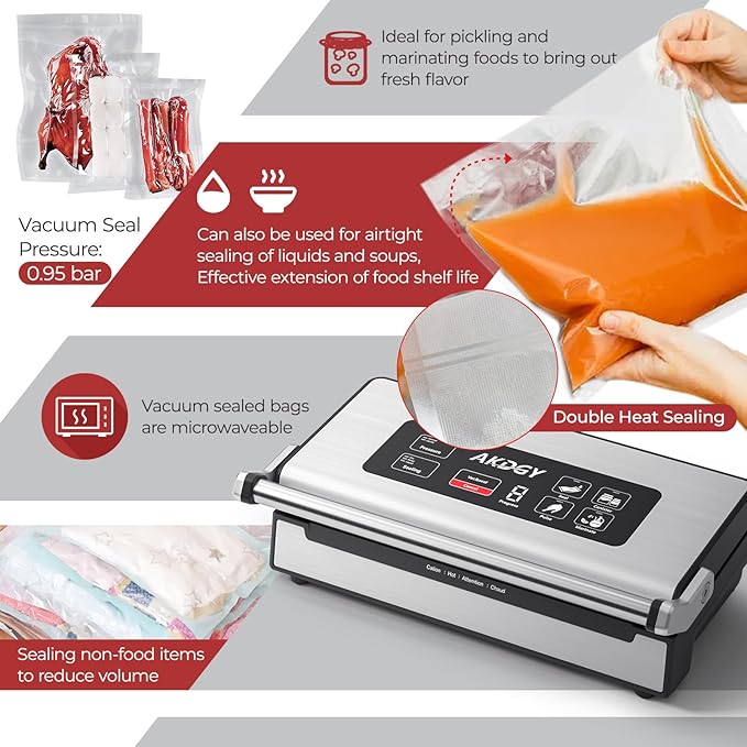 95Kpa Liquid Vacuum Sealer Machine, Full Automatic Food Sealer for Dry/Liquid/Moist Foods | Strong Suction | Digital Timer | One-Touch Operation | Built-in Cutter & Bag Storage | Removable Drip Tray
