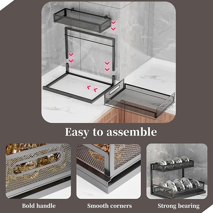 2 Pack Under Kitchen Sink Organizer L-Shaped 2 Tier Pull Out Cabinet Organizer Expandable Bathroom Under Sink Storage with Sliding Drawers Sturdy Metal Pantry Shelves Spice Rack, White