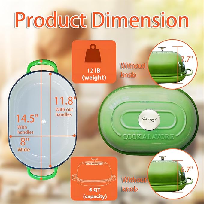 Cast Iron Bread Oven,6 QT Bread Oven,Thick Enameled Loaf Pan with Lid,Bread Pans for Homemade Bread,14.5"Dutch Oven for Bread Baking,Dutch Oven-with Silicone Baking Mat&Recipe,Gifts for Family,Green