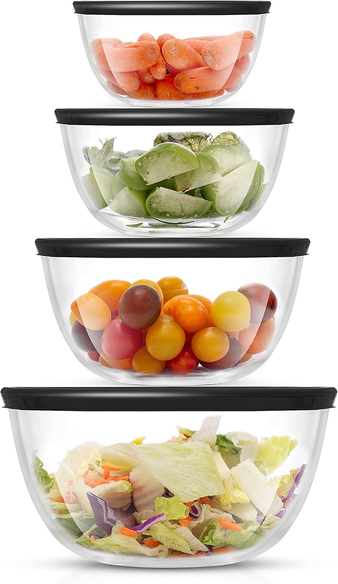 JoyJolt Kitchen Mixing Bowls - 8pc Glass with Lids Set – Neat Nesting Large Bowl Batter Cooking Storage and Big Salad BPA-Free Black