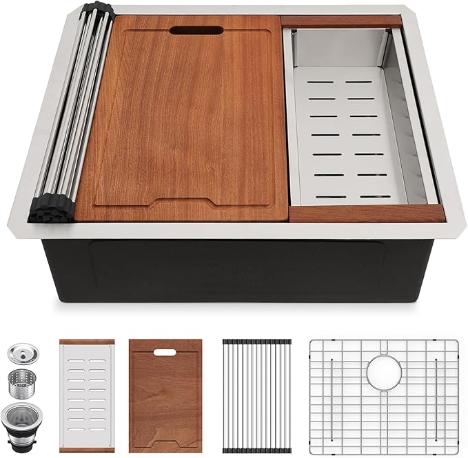 Lordear Undermount Kitchen Sink 23 x 19 Inch, 16 Gauge Stainless Steel Single Bowl Workstation With Cutting Board, Handmade