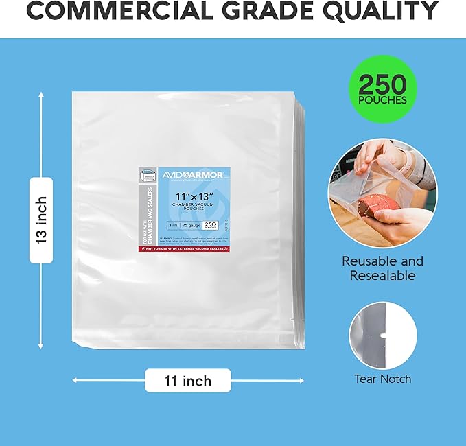 Avid Armor Chamber Vacuum Sealer Bags – Heavy Duty, BPA-Free, Pre-Cut Chamber Vacuum Bags for Food Preservation, Freezer Storage, Sous Vide and more, 250/Pack (11x13) – Multi-Use Vacuum Bags