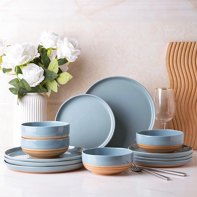 AmorArc Ceramic Dinnerware Sets for 6, 18 Pieces Handpainted Plates and Bowls Set with Rustic Terracotta Underside, Scratch Resistant Stoneware Dishes Set, Dishwasher & Microwave Safe, Stone Blue