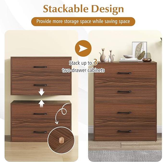 Giantex Stackable 2-Drawer Dressers for Bedroom - Short Dresser Two Drawer Storage Cabinet w/Handles & Anti-Topping Device, Small Dresser Chest of 2 Drawers for Closet Bedroom (1, Walnut)
