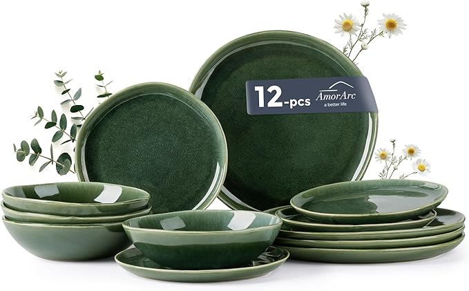 AmorArc Ceramic Dinnerware Sets,Handmade Reactive Glaze Stoneware Plates and Bowls Set,Highly Chip and Crack Resistant | Dishwasher & Microwave Safe Dishes Set,Service for 4 (12pc)