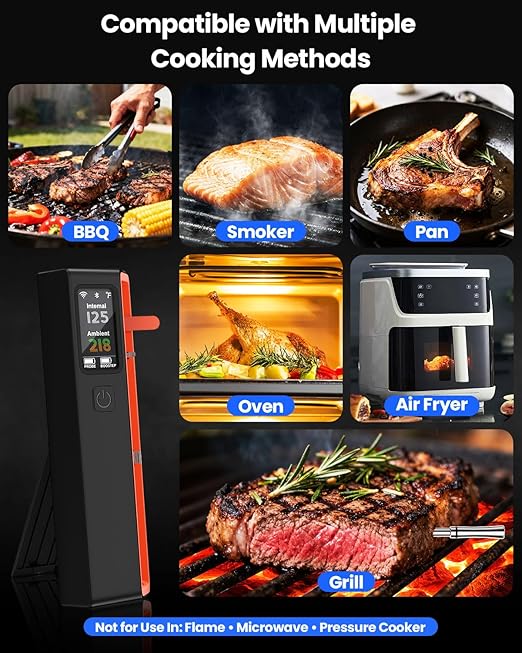 PROGRACE Smart Bluetooth Wireless Meat Thermometer: Standalone Base, WiFi Unlimited Range, 6 Sensors with NIST Certified Accuracy, for iOS and Android, for Kitchen, BBQ, Grill, Oven, Smoker