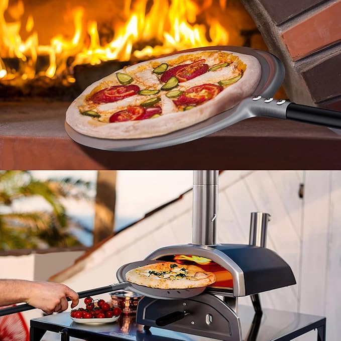 Turning Pizza Peel, 9 Inch Aluminum Perforated Peel with Detachable 33 or 48 Inch Long handle, Lightweight Pizza Paddle for Baking Homemade Pizza Bread