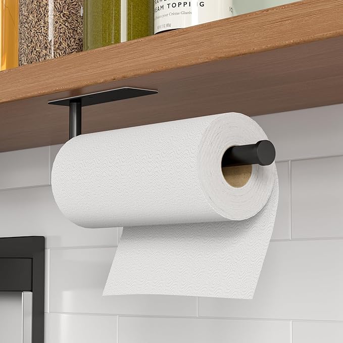 Paper Towel Holder Under Cabinet, Self-Adhesive,No Drilling, Stainless Steel, Wall-Mounted for Kitchen and Bathroom, Easy Install, Durable, Space-Saving, Ideal for Home, RV (Black, 1 Pack)