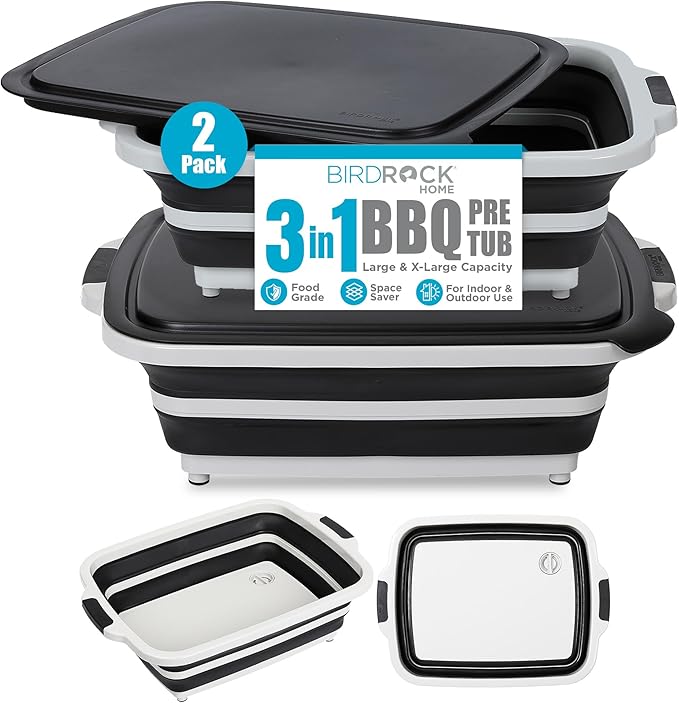 BIRDROCK HOME 2-pack Collapsible BBQ Prep Tub w/Cutting Board, Multi-Function Grill Caddy w/Colander & Lid, Portable Silicone Dish Bowl for Picnic, Tailgate, Camping (Black, Large, X-Large)