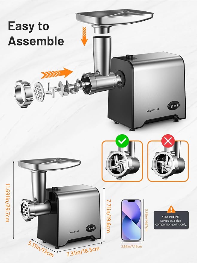 Electric Meat Grinder, Sausage Stuffer Maker 450W Food Grinder with Blade & 3 Plates, Sausage Stuffer Tubes & Kubbe Kit, Stainless Steel Meat Mincer Machine for Home Kitchen Use