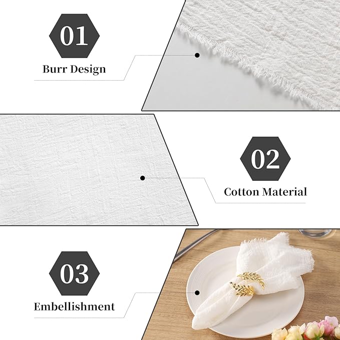 Handmade Cloth Napkins with Fringe, 100% Cotton Napkins, Delicate Handmade Linen Napkins for Dinners, Parties, Weddings and More, 17 x 17 Inch Set of 12 - White