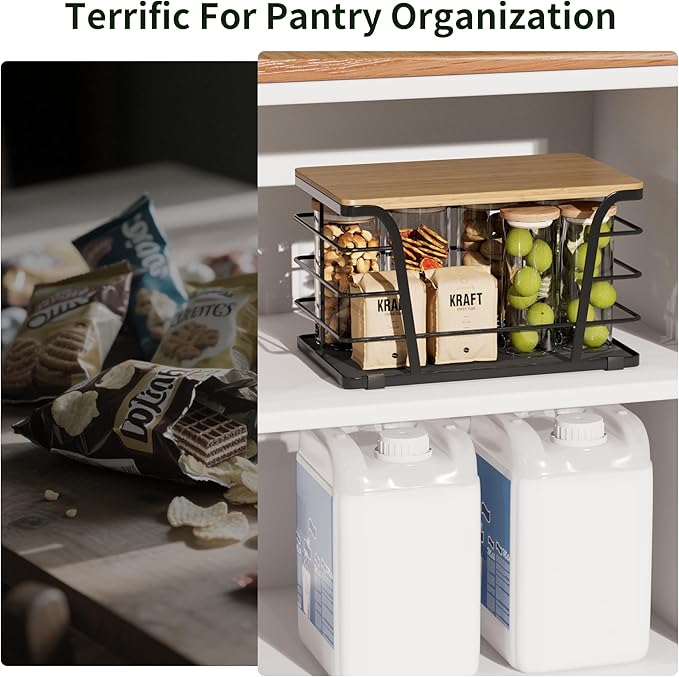 Pantry Organizers and Storage - Stackable Wire Basket with Lightweight PP Mat & Bamboo Top for Fruits Vegetables,Fruit Holder for Kitchen Countertop,Black