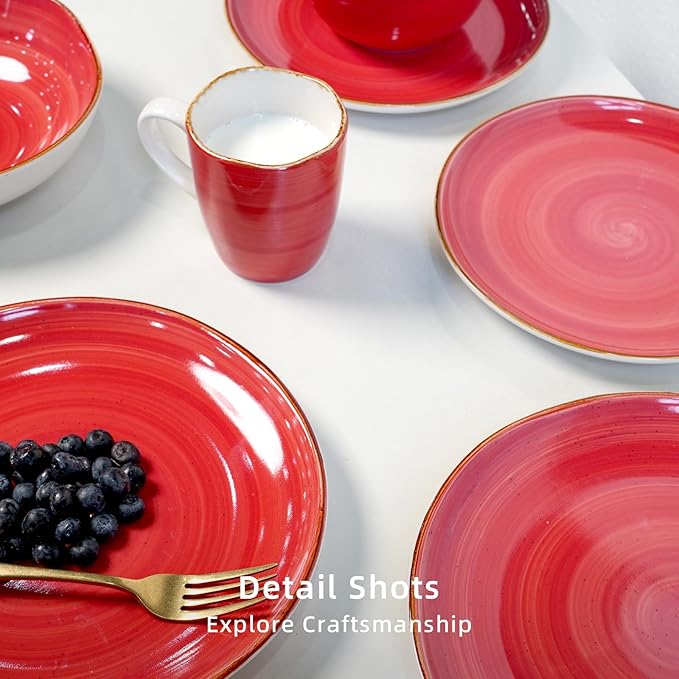 Highland 16-Piece Dinnerware Set Service for 4, Organic Shape Stoneware Plates and Bowls Set, Scratch Resistant, Microwave and Dishwasher Safe, Speckled Effect Handcrafted, Swirl Red