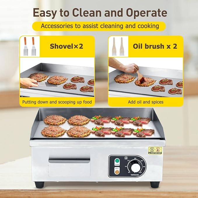 14" Commercial Electric Griddle, 1500W Electric Countertop Griddle, Non-Stick Restaurant 110V Teppanyaki Flat Top Grill Stainless Steel Adjustable Temperature Control 122°F-572°F (with PLUG)