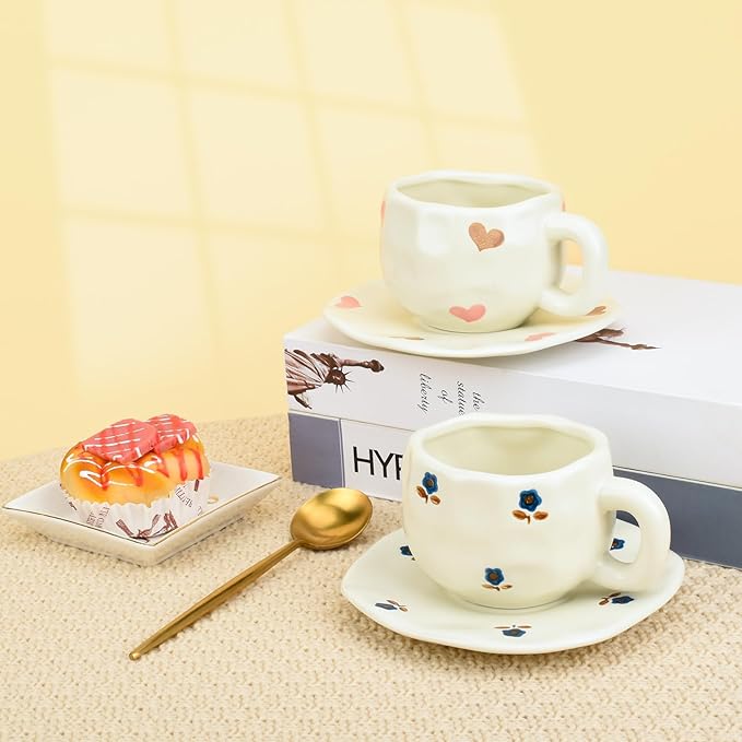 Koythin Ceramic Coffee Mug with Saucer Set, Cute Love Cup Unique for Office and Home, 10 oz/300 ml for Latte Tea Milk