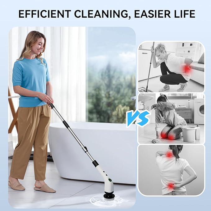 Electric Spin Scrubber, Cordless Cleaning Brush Scrubber with Battery LCD Display for Bathroom, Kitchen and Home, Adjustable Extension Handle, Full Body Waterproof IPX7, 8 Replaceable Brush Heads