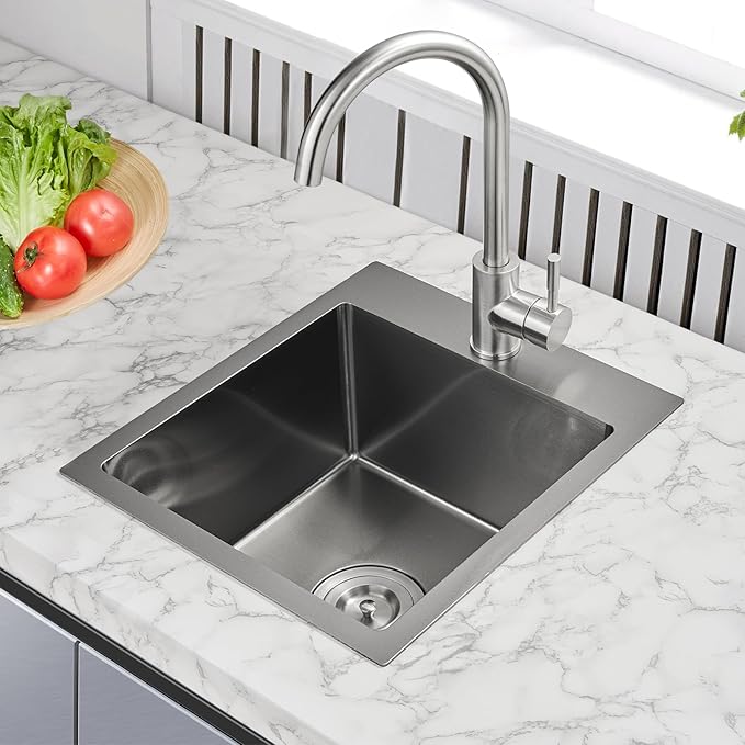 ROVOGO 15x17x8 in. Drop in Kitchen Sink Single Bowl, Black Prep Sink 304 Stainless Steel, 1-Hole Small Secondary Entertainment Wet Bar Sinks