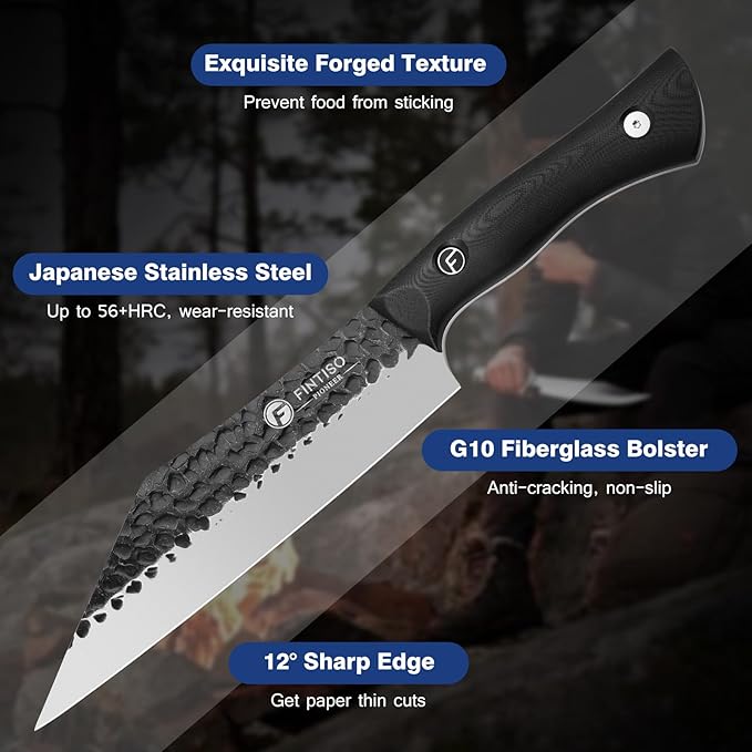 FINTISO Chef Knife 7 inch Kitchen Knife Japanese Style Boning Knife for Meat Cutting Sharp Viking Knife with Full Tang G10 Handle Butcher Knife for Home, Camping, BBQ