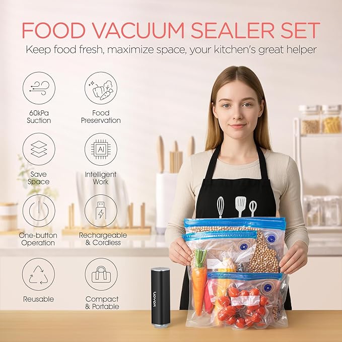VOYOR Handheld Vacuum Sealer, Portable Vacuum Sealer Kit with Vacuum Bags Cordless Automatic Vacuum Pump for Food Preservation Type-C Charging and Long Lasting Food Vacuum (1 Pump+5 Bags)