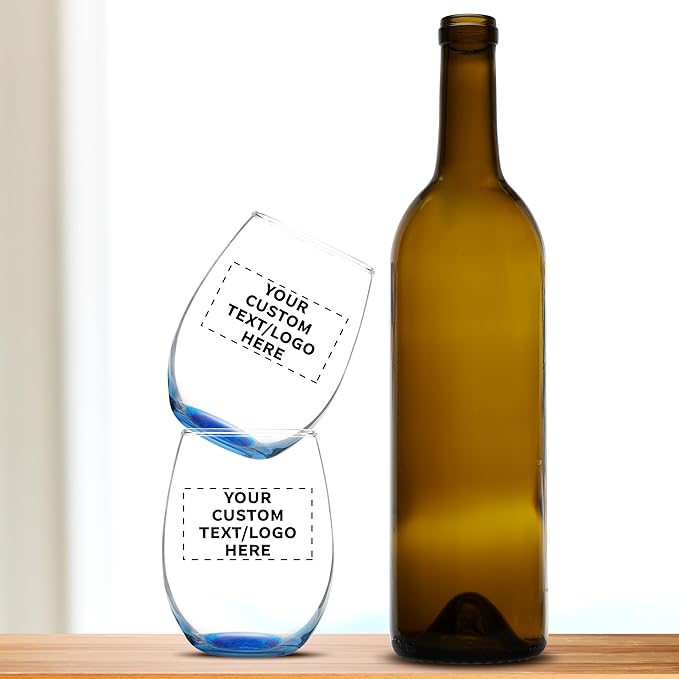 Custom Stemless Wine Glass 9 oz. Set of 50, Personalized Bulk Pack - Great for Wedding Favors, Bachelorette Party Decorations, Party Favors, Color Bottom - Blue
