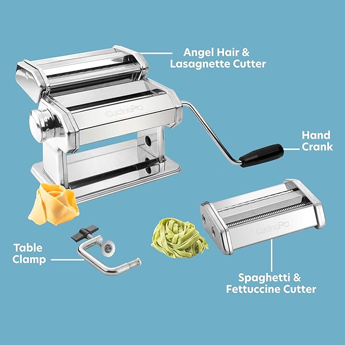Pasta Maker Machine- Heavy Duty Chrome Coated Steel Construction with Fettucine & Spaghetti Attachments, Rollers w Adjustable Thickness Settings, Manual Hand Crank, Includes Recipe Guide, Xmas Gift